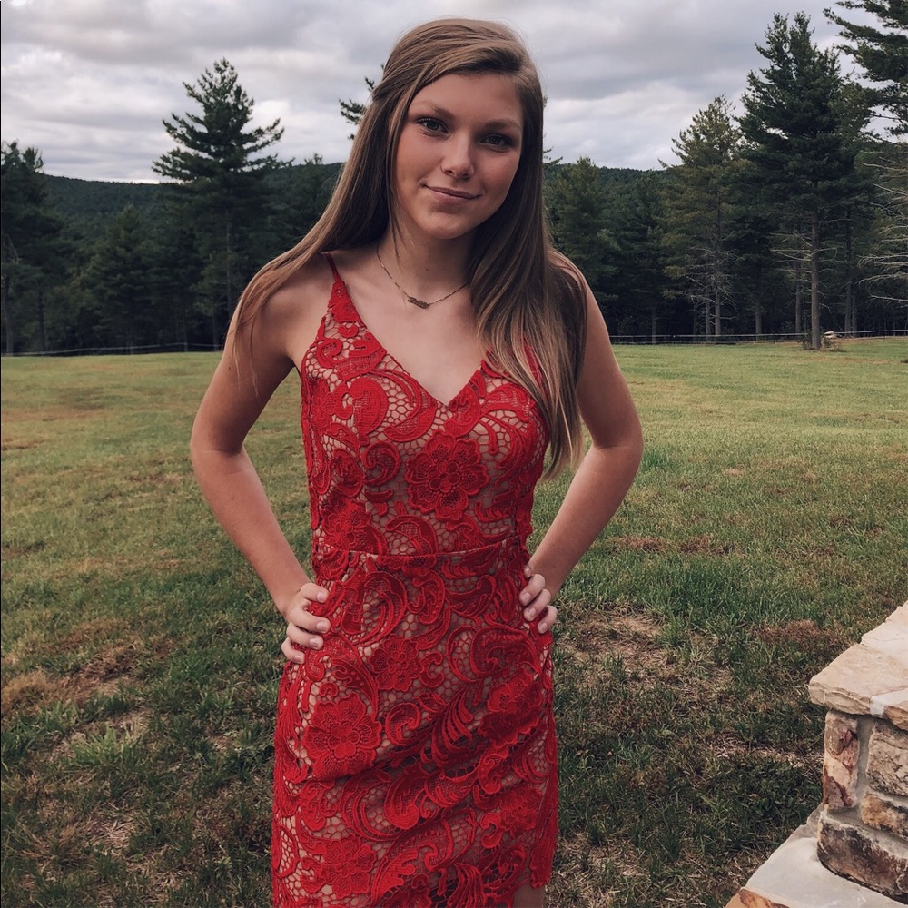 FREE PEOPLE RED & NUDE lace dress